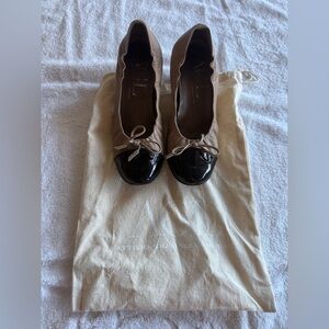 AGL 2” Cap Toe Block Heels Taupe with Black Patent Cap Toe